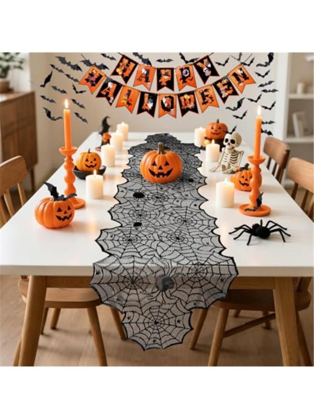 Halloween Table Runner 18 x 72 Inch Happy Halloween Banner 60pcs 3D Bats - Picture 5 of 7